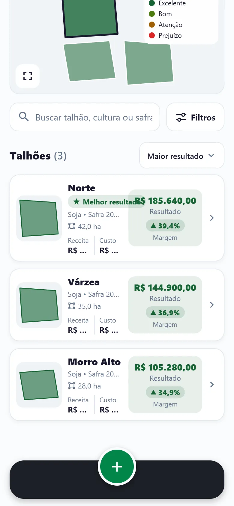 Safras e talhões no aplicativo da AgroMob
