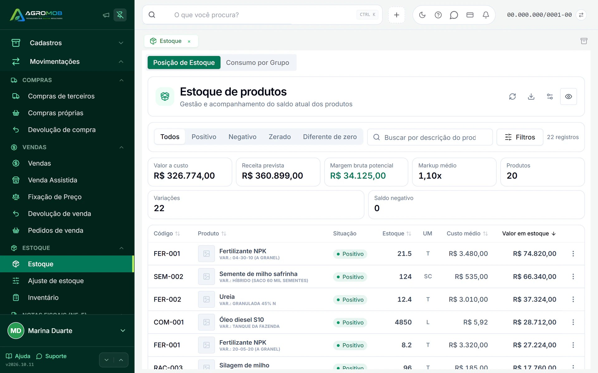 Tela de estoque da AgroMob, com saldo e lote