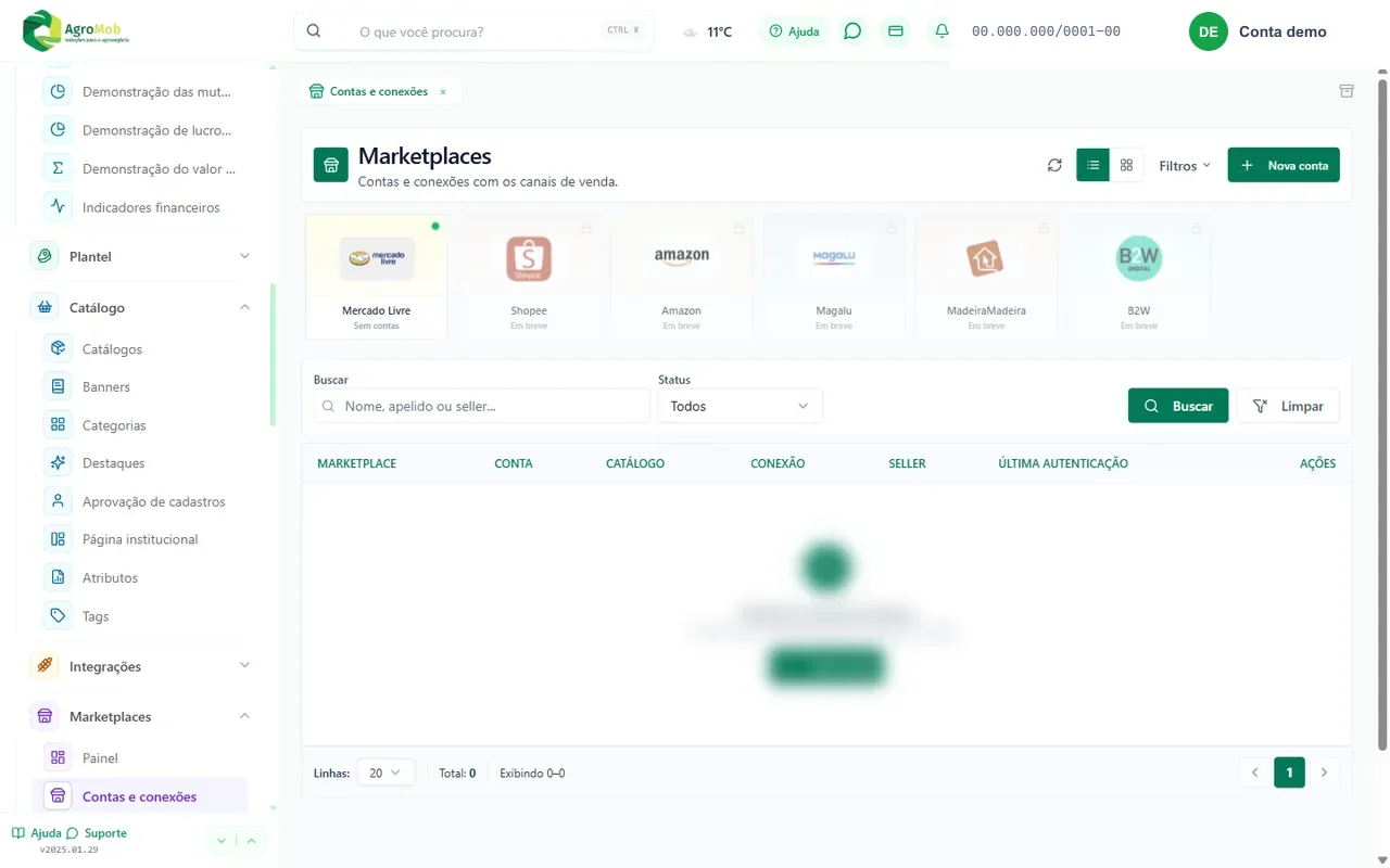 Tela de marketplaces da AgroMob, com Mercado Livre disponível e outros canais marcados como em breve