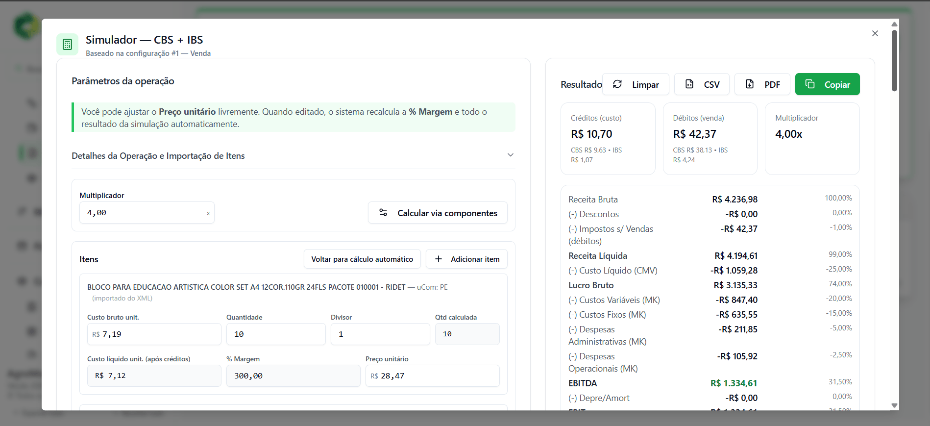 Simulador de CBS e IBS do Titanus, com os parâmetros da operação e o resultado por produto
